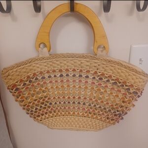 Woven Straw Purse With Wooden Clutch Handles